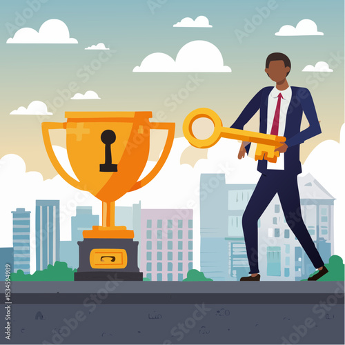Unlock key to success, solution to achieve winning opportunity, chance or challenge, ambition or motivation to succeed in life, hard work, businessman with key to success to unlock winning troph
