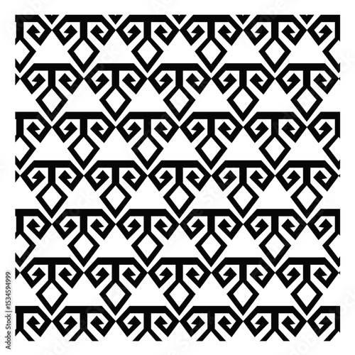 seamless geometric pattern, repeating geometric pattern in black and white, abstract, stylized motifs, two downward-curving or spiraling arms, small diamond or triangular shapes, tessellating design, 