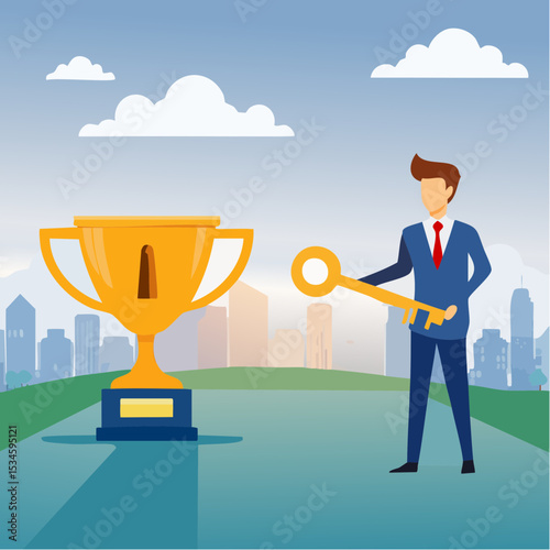 Unlock key to success, solution to achieve winning opportunity, chance or challenge, ambition or motivation to succeed in life, hard work, businessman with key to success to unlock winning troph