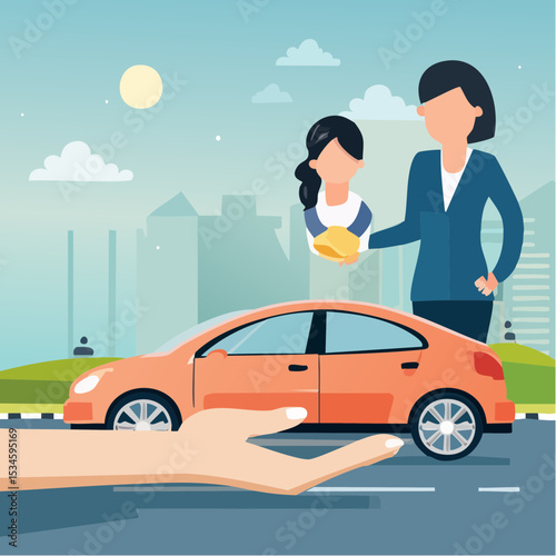 Customer retention, marketing strategy for customer loyalty, employee engagement, recruitment or human resource hiring, consumer care or benefit concept, businessman hand holding customer with car