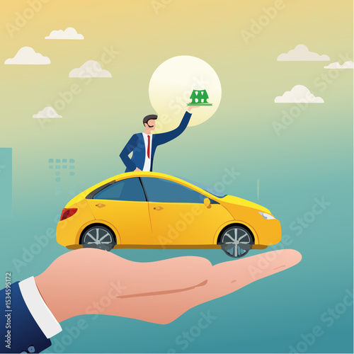 Customer retention, marketing strategy for customer loyalty, employee engagement, recruitment or human resource hiring, consumer care or benefit concept, businessman hand holding customer with car