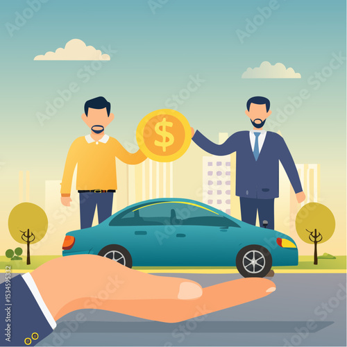 Customer retention, marketing strategy for customer loyalty, employee engagement, recruitment or human resource hiring, consumer care or benefit concept, businessman hand holding customer with car
