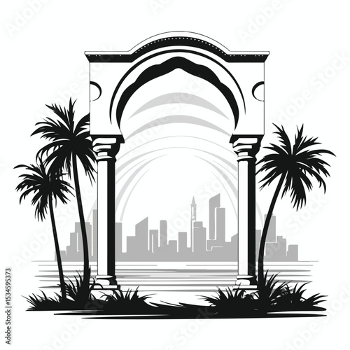 Intricate Arabic Shape Frame with Monuments Silhouettes - Professional Vector Illustration
