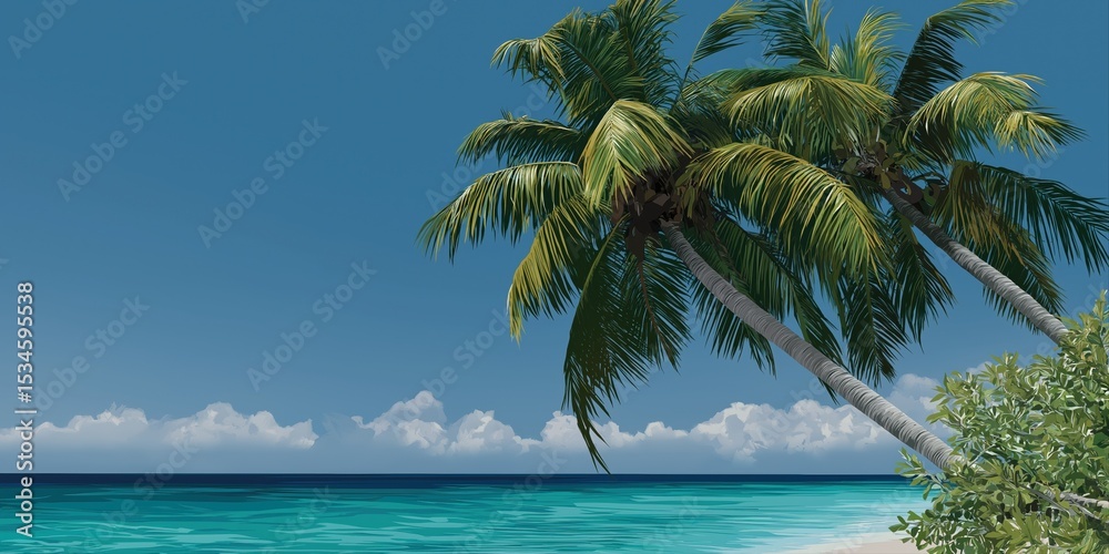 Fototapeta premium A beautiful blue ocean with palm trees in the background. The palm trees are tall and the ocean is calm. Scene is peaceful and relaxing