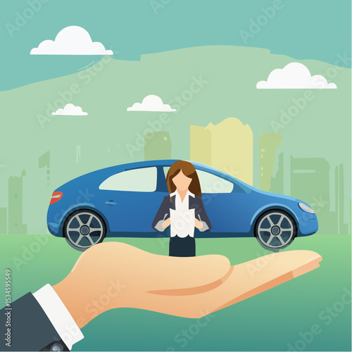 Customer retention, marketing strategy for customer loyalty, employee engagement, recruitment or human resource hiring, consumer care or benefit concept, businessman hand holding customer with car