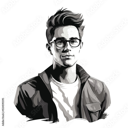 Professional Black and White Vector Illustration of Young Man Cartoon Character