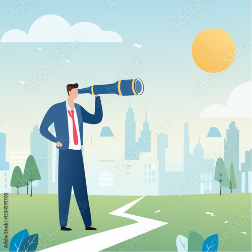 Search for right direction, business opportunity or success way, make decision or career path, vision to see future concept, smart businessman look through spyglass or binoculars to discover solutio