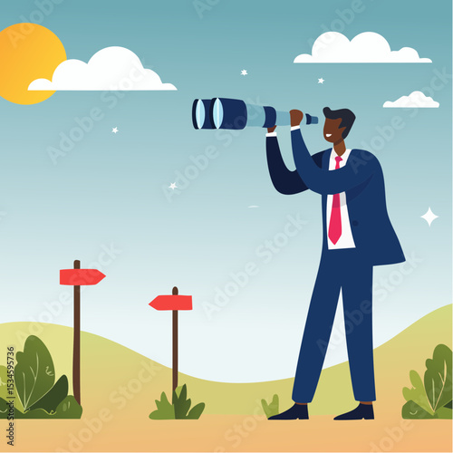Search for right direction, business opportunity or success way, make decision or career path, vision to see future concept, smart businessman look through spyglass or binoculars to discover solutio