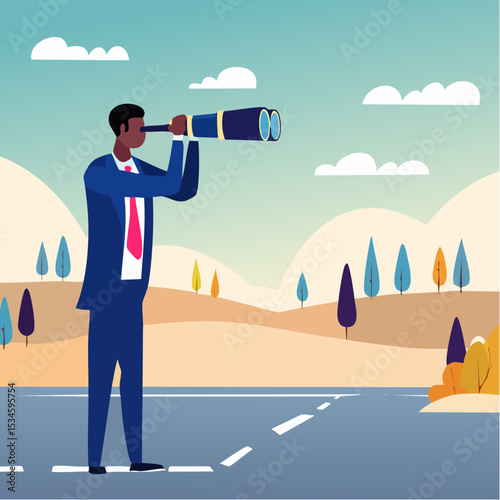Search for right direction, business opportunity or success way, make decision or career path, vision to see future concept, smart businessman look through spyglass or binoculars to discover solutio