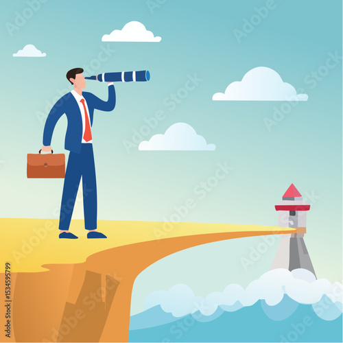 Search for right direction, business opportunity or success way, make decision or career path, vision to see future concept, smart businessman look through spyglass or binoculars to discover solutio
