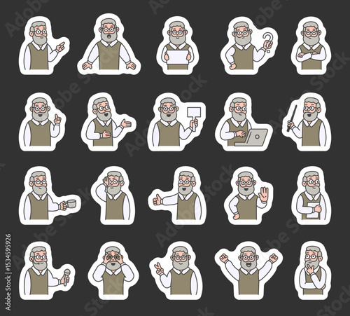 Grandfather guide character set with human features demonstrate communication, direction, teaching, thinking, celebration, and various emotional reactions for yours illustration