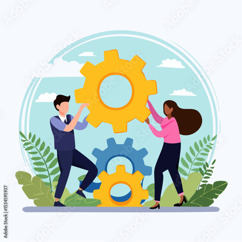 Employee engagement, teamwork collaboration or team strategy working together, partnership, community to help organization success concept, businessman colleagues help connect cogwheel gear together