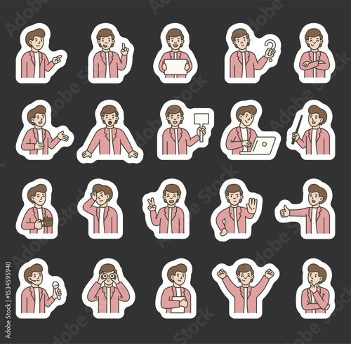 Man guide character set with human features demonstrate communication, direction, teaching, thinking, celebration, and various emotional reactions for yours illustration and creative designs projects