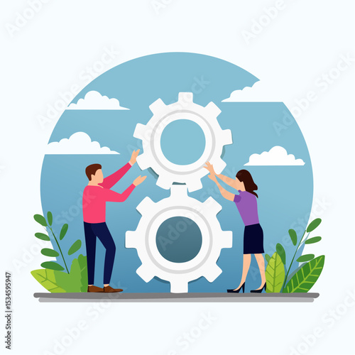 Employee engagement, teamwork collaboration or team strategy working together, partnership, community to help organization success concept, businessman colleagues help connect cogwheel gear together