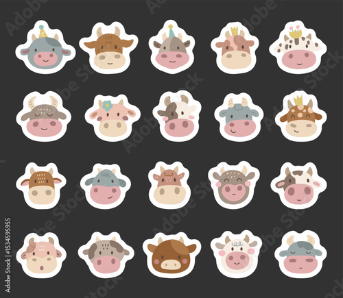 Charming cartoon cow face set created for and scandinavian style with cute animal friendly character head for yours illustration and creative designs projects
