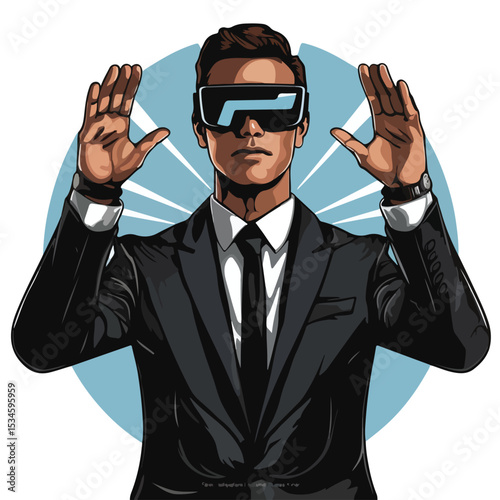 Professional Businessman Using Virtual Glasses Technology for Virtual Reality Business Simulation