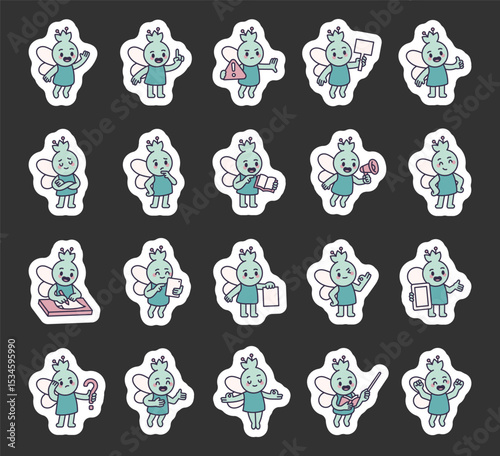 Fairy guide character set showing different school teaching moments with wings, books, hand signs, learning materials and communication tools for yours illustration and creative projects