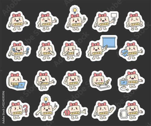 Computer assistant guide character set demonstrating various technology tasks with tablet, board, microphone, laptop, gestures, emotions, communication, and devices for education in information