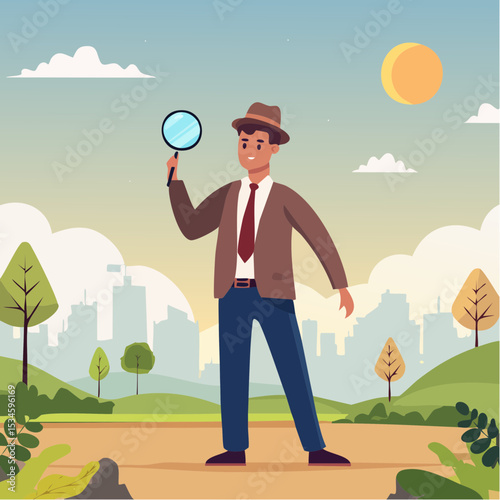 Detect or discover fact, information or analysis, curiosity, research or search in details, exploration or finding solution concept, businessman detective looking through magnifying glass searchin