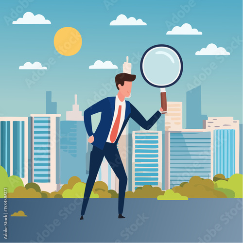 Detect or discover fact, information or analysis, curiosity, research or search in details, exploration or finding solution concept, businessman detective looking through magnifying glass searchin