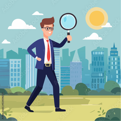 Detect or discover fact, information or analysis, curiosity, research or search in details, exploration or finding solution concept, businessman detective looking through magnifying glass searchin