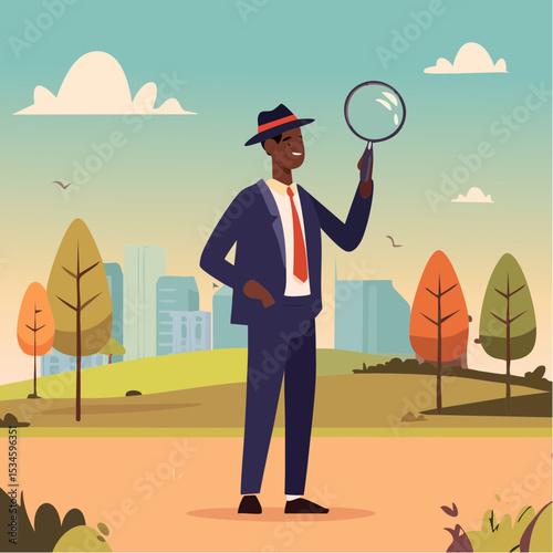 Detect or discover fact, information or analysis, curiosity, research or search in details, exploration or finding solution concept, businessman detective looking through magnifying glass searchin