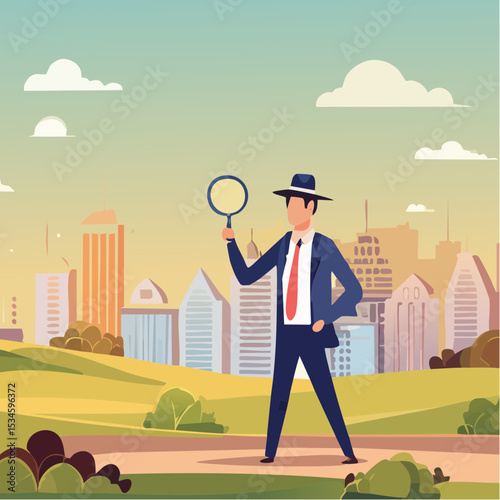 Detect or discover fact, information or analysis, curiosity, research or search in details, exploration or finding solution concept, businessman detective looking through magnifying glass searchin