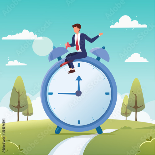 Time management, vision or effort to manage project and foresee problem or opportunity, work deadline or timer countdown, progress or development concept, businessman riding time passing cloc