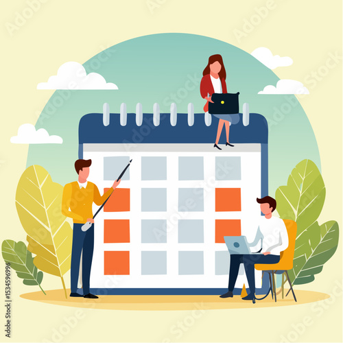 Schedule calendar, team meeting or appointment, project planning or time reminder, manage timeline concept, businessman and businesswoman working on calendar planner to schedule and organize wor