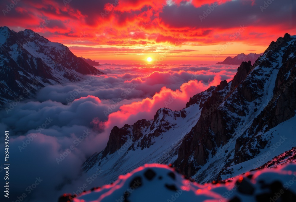 Obraz premium Breathtaking sunset over snow-capped mountains and clouds