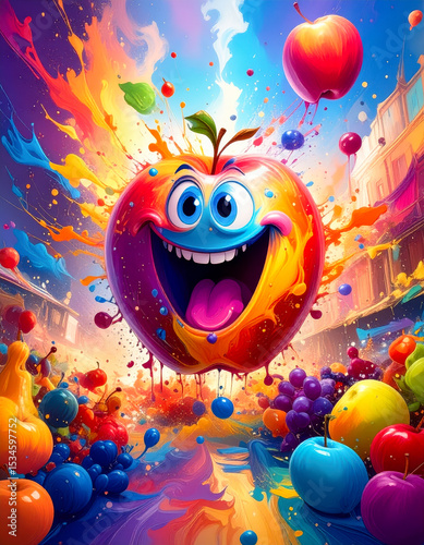 Fröhlicher Apfel mit Gesicht in bunter Splash-Kulisse aus Obst und Farben, Comicstil, lebendige Illustration