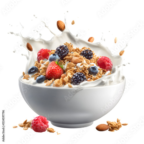 Delicious breakfast bowl with granola berries almonds and milk splash on isolated on white transparent background