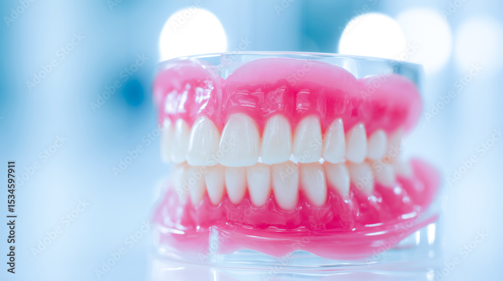 Obraz premium A close-up image of a dental model showcasing an upper and lower set of teeth on a transparent base, highlighting dental health and aesthetics.