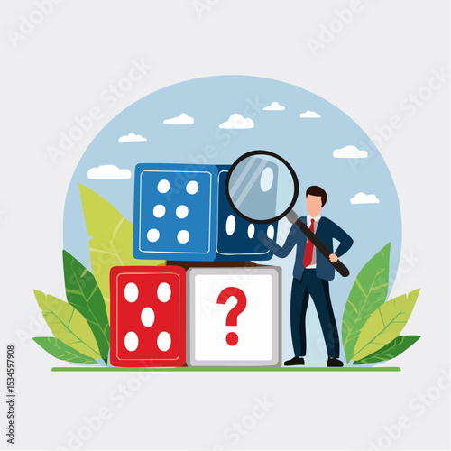 Random or chance to win, gamble, risk management or analyze opportunity, prediction or forecast future, unknown or uncertain concept, businessman with magnifying glass analyze dice with question mar