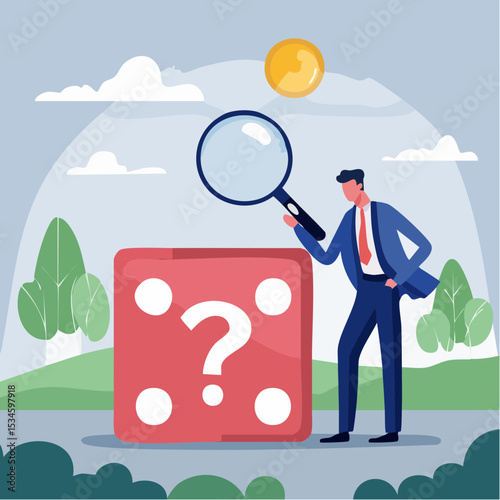 Random or chance to win, gamble, risk management or analyze opportunity, prediction or forecast future, unknown or uncertain concept, businessman with magnifying glass analyze dice with question mar