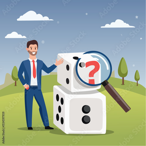 Random or chance to win, gamble, risk management or analyze opportunity, prediction or forecast future, unknown or uncertain concept, businessman with magnifying glass analyze dice with question mar