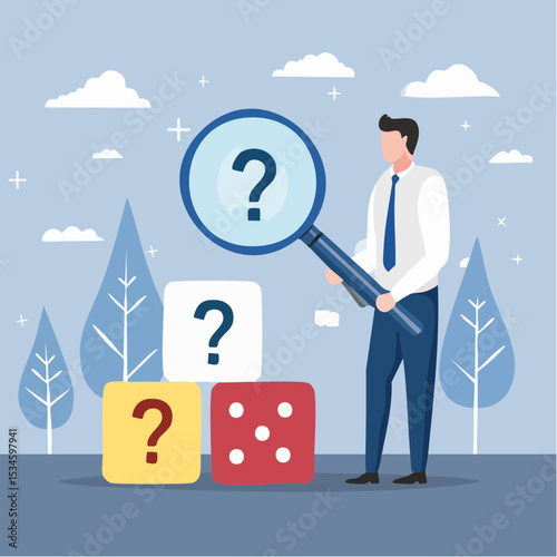Random or chance to win, gamble, risk management or analyze opportunity, prediction or forecast future, unknown or uncertain concept, businessman with magnifying glass analyze dice with question mar