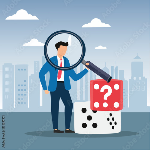 Random or chance to win, gamble, risk management or analyze opportunity, prediction or forecast future, unknown or uncertain concept, businessman with magnifying glass analyze dice with question mar