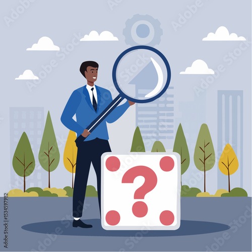 Random or chance to win, gamble, risk management or analyze opportunity, prediction or forecast future, unknown or uncertain concept, businessman with magnifying glass analyze dice with question mar