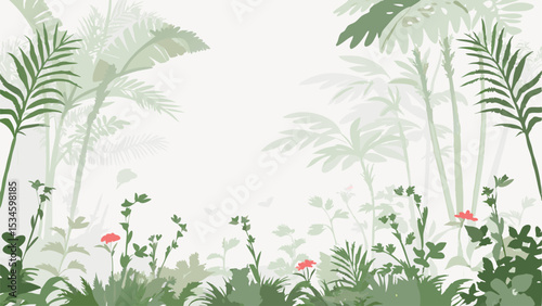 Wallpaper Mural Illustration of a jungle scene with palm trees, foliage, and red flowers in a serene and natural setting Torontodigital.ca