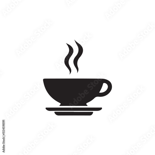 Hot Coffee Cup on Saucer Silhouette.A simple, minimalist silhouette of a coffee cup with saucer and rising steam.