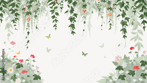A serene garden view with hanging vines, flowers, and butterflies in a soft watercolor style design