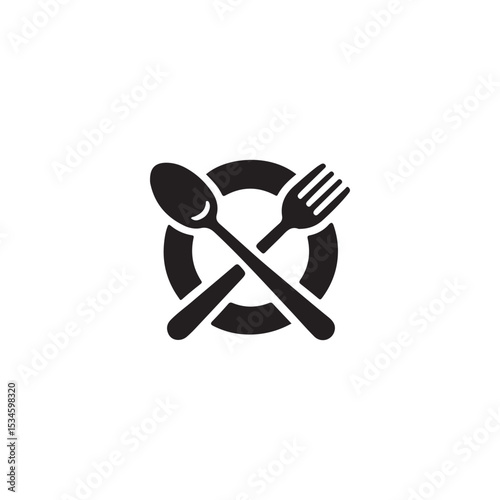 Simple Vector Icon of Crossed Utensils on a Plate.A clean, minimalist vector graphic shows a spoon and fork crossed over a plate.