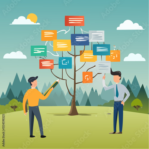 Mind map diagram for idea research, plan or thinking for solution to solve problem, visualization or prioritize, decision making concept, business people writing mind map diagram for easy understan