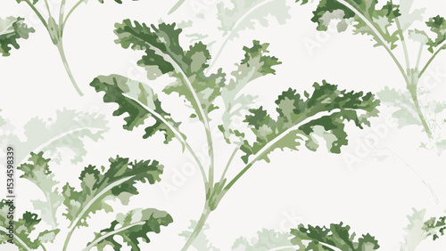 Watercolor style illustration of green kale leaves arranged in a repeating pattern on a white background