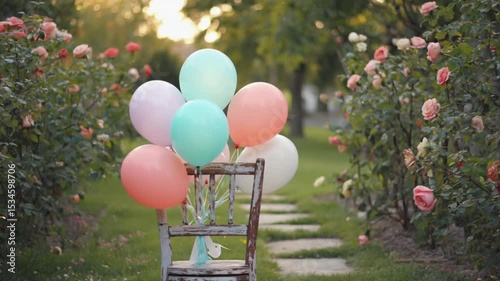 Colorful balloons tied to a rustic chair in a rose garden during sunset, evoking celebration