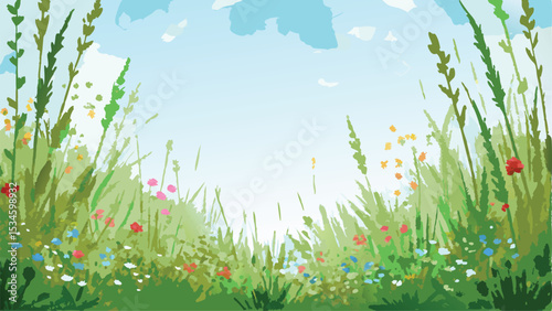 View from the ground of a meadow with tall grass and wildflowers under a bright blue sky with clouds
