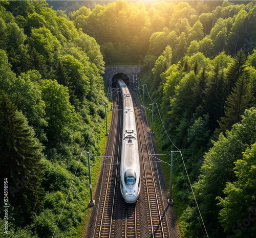 High-Speed Train Through Forest,
Modern Train Entering Tunnel,
Sustainable Travel in Nature,
Aerial View of Fast Train