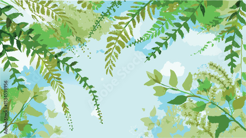 View of lush green foliage with fern leaves and branches against a light blue sky background image