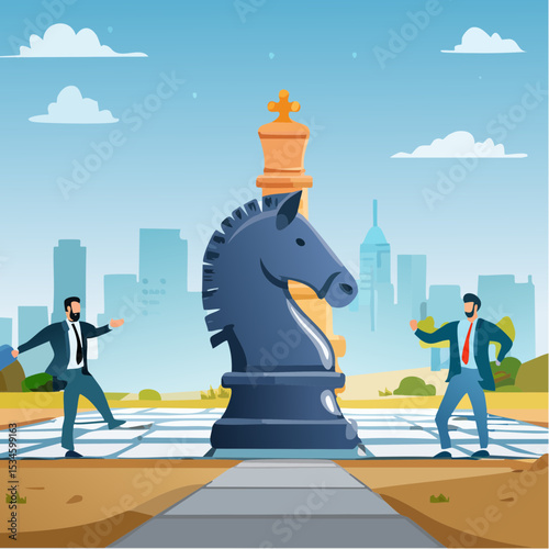 Strategic move, leadership to lead team with strategy, challenge to success, courage and confidence to win business competition concept, businessman riding chess knight lead team to win chess victor